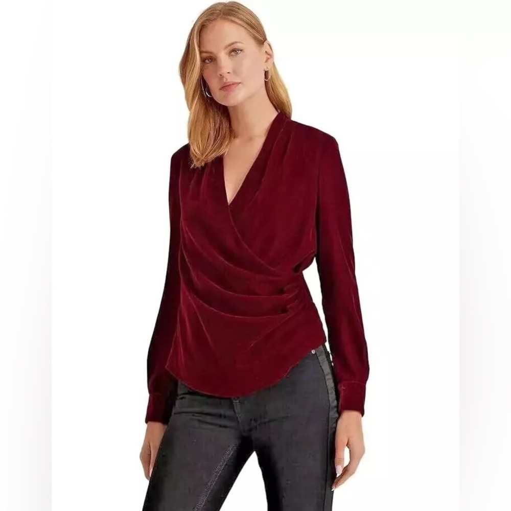 Lauren Ralph Lauren Pleated Velvet Surplice Blouse Women's 10